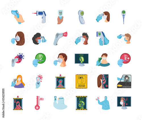 set of icons checking temperature coronavirus on white background