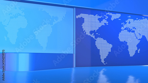 News TV Studio Set - Background World Map, 3D Illustration