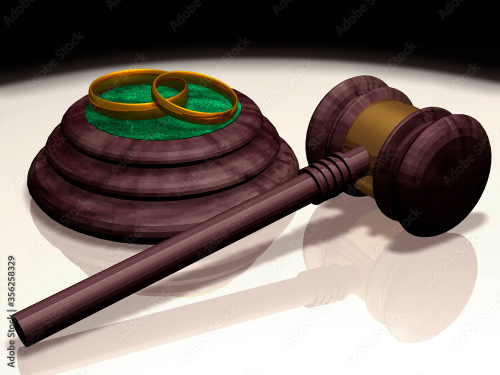 3D rendering. Wedding rings over a court hammer. Divorce in a family relationship, an eternal problem.