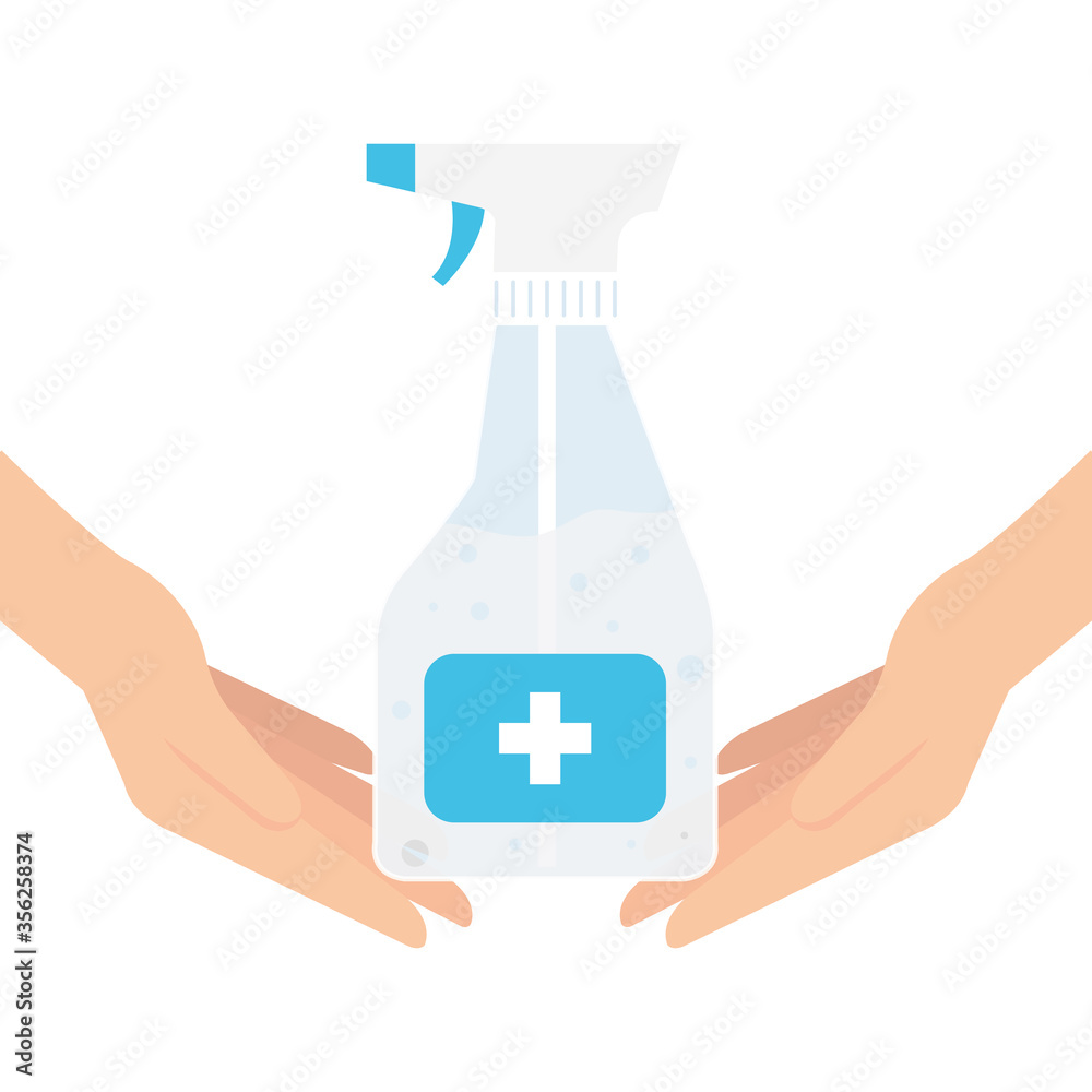 Hands holding hands sanitizer bottle with hands design, Disinfects clean antibacterial and hygiene theme Vector illustration Hands holding hands sanitizer bottle with hands design, Disinfects clean antibacterial and hygiene theme Vector illustration