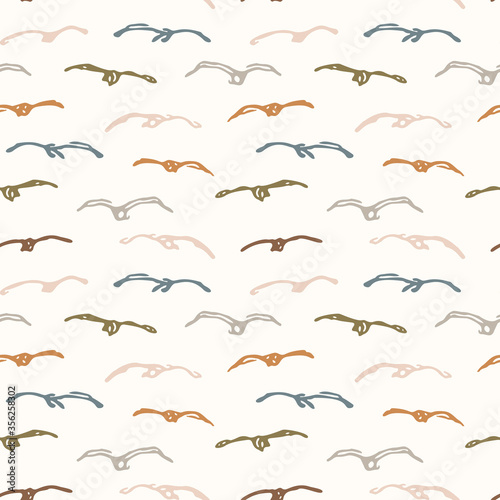 Seamless background flying bird gender neutral baby pattern. Simple whimsical minimal earthy 2 tone color. Kids nursery wallpaper or boho animal fashion all over print