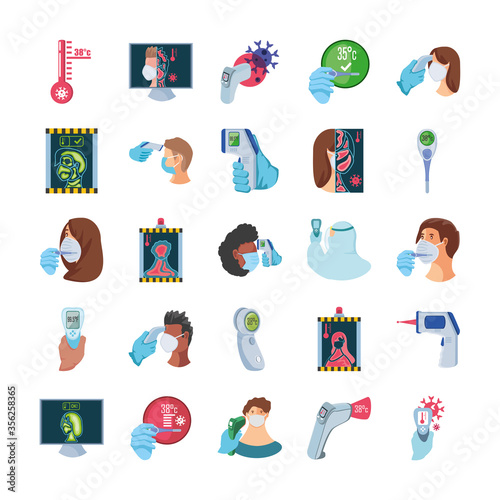 set of icons checking temperature coronavirus on white background