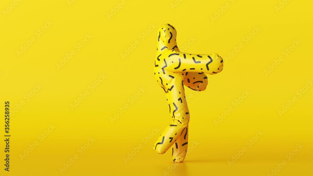 3d cartoon character dancing over yellow background, person wearing inflatable costume with abstract pattern, funny mascot doing exercises looping animation, modern minimal seamless motion design