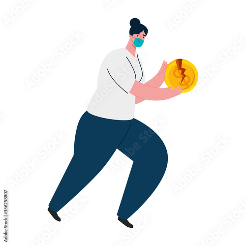 woman with mask and broken coin design of bankruptcy and covid 19 virus theme Vector illustration
