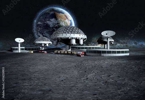 futuristic city, base, town on moon. The space view of the planet earth. expedition. 3d rendering. Elements this image furnished by NASA