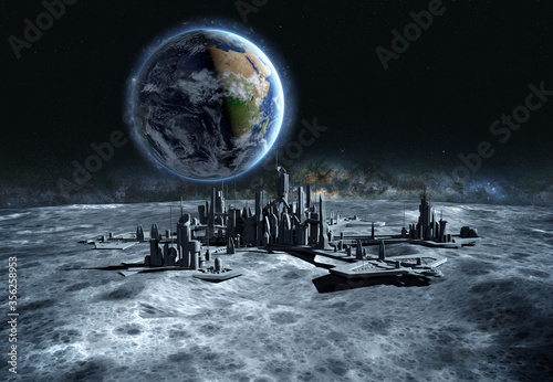 Fototapeta Naklejka Na Ścianę i Meble -  futuristic city, base, town on moon. The space view of the planet earth. expedition. 3d rendering. Elements this image furnished by NASA