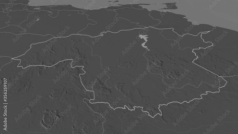 Bolívar, state with its capital, zoomed and extruded on the bilevel map of Venezuela in the conformal Stereographic projection. Animation 3D Bolívar, state with its capital, zoomed and extruded on the bilevel map of Venezuela in the conformal Stereographic projection. Animation 3D
