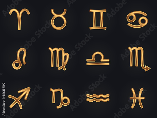 Set of gold zodiac signs vector icons. Isolated horoscope elements. Astrologycal symbols.