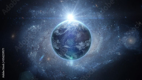 Sunrise over earth as seen from space. With stars background. 3d rendering