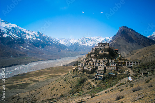 Key Monastery in a picturesque setting in Spiti Valley, Himachal Pradesh, India. Also known as Kee, Ki or Kye Gompa. Picturesque view of one of the oldest Tibetan Buddhist Monastery in the Himalayas.
