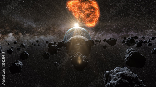 flying asteroid, meteorite to Earth. outer space. Armageddon. 3d rendering photo