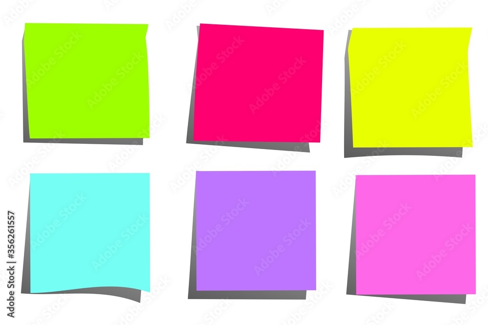 Collection of different colored sheets of note papers with curled corner, ready for your message. Realistic vector illustration. Isolated on white background. Front view. Close up. Set.post it