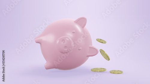 Empty piggy bank, Gold Coins Falling From Piggy Bank, 3D render.