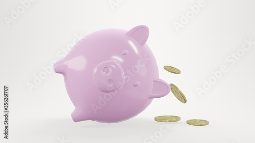 Empty piggy bank, Gold Coins Falling From Piggy Bank, 3D render.