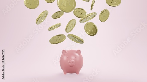 piggy bank with coins money cash isolated on pink background, concept of saving money. Pig money box,3d rendering.