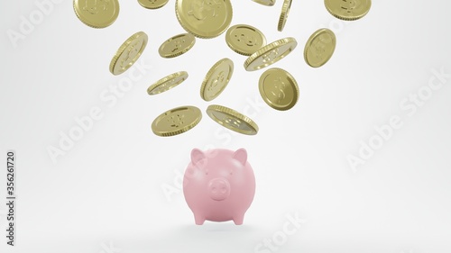 piggy bank with coins money cash isolated on white background, concept of saving money. Pig money box,3d rendering.