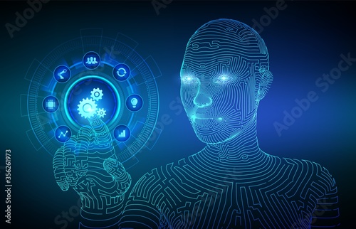 Automation Software. IOT and Automation concept as an innovation, improving productivity in technology and business processes. Wireframed cyborg hand touching digital interface. Vector illustration.