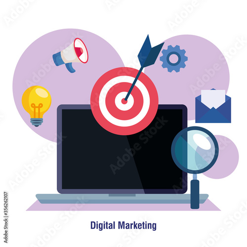 laptop with target lupe and icon set design, Digital marketing and ecommerce theme Vector illustration