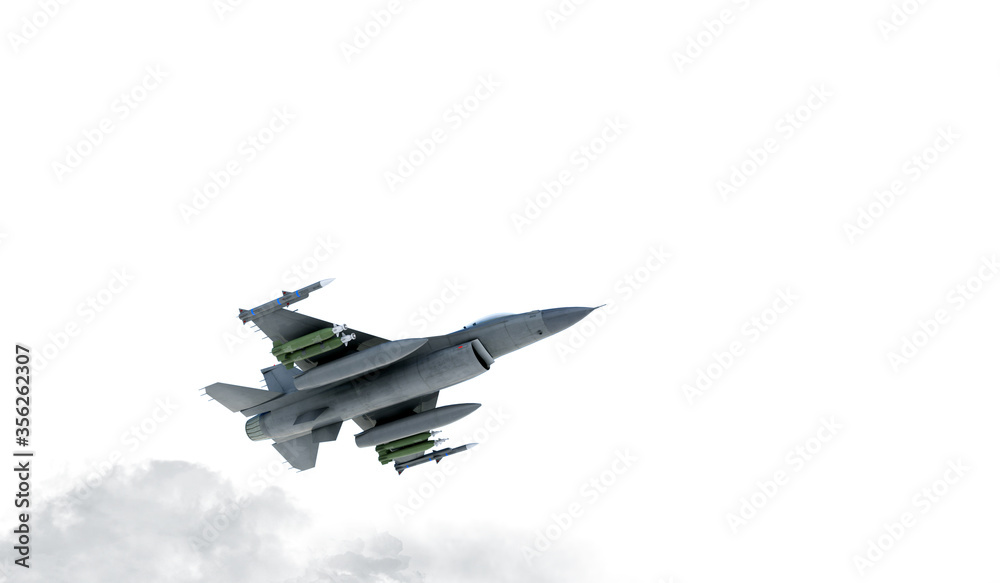 F -16 , american military fighter plane.Jet plane. Fly in clouds. 3d rendering