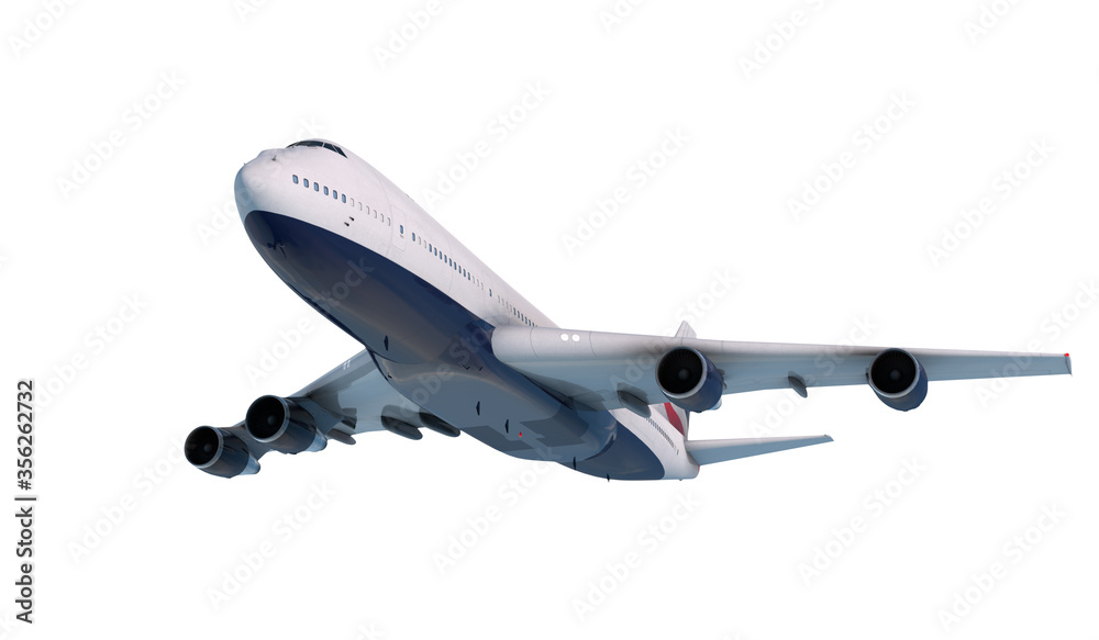 Boeing 747 flying in the clouds isolate on white. 3d rendering Boeing 747 flying in the clouds isolate on white. 3d rendering