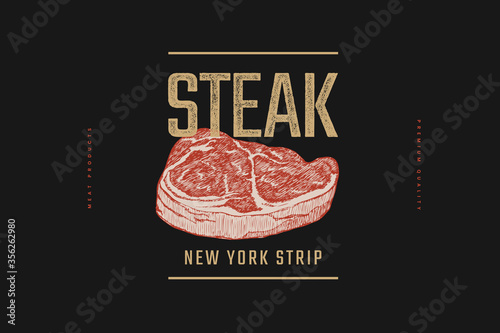 Slice of raw meat steak New York Strip vector illustration. Hand drawn piece of fresh meat on a dark background. Fresh farm produce concept. Design element for a butcher shop, market, restaurant.