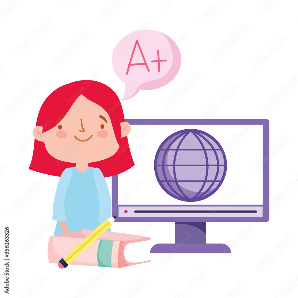 online education student little girl with computer world book online education student little girl with computer world book