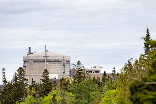 a distant view of the Point Lepreau Nuclear Generating Station through the woods. Most of the reactor is visible but the bottom is obscured by trees.