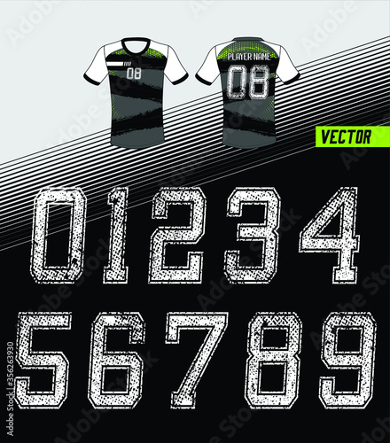 Sport Jersey shirt number/ Uniform numbers in white with a white outside contour line  on white gray for American football, Baseball and Basketball or soccer for shirt