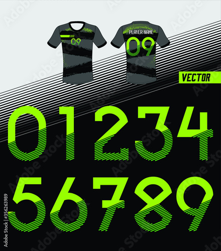 Sport Jersey shirt number/ Uniform numbers in green on black backgrounds  for American football, Baseball and Basketball or soccer for shirt