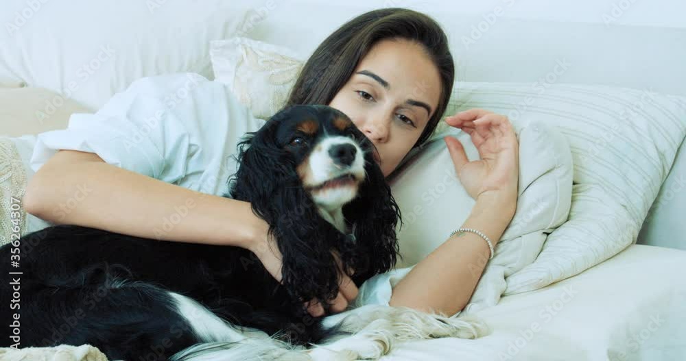 Woman lying with dog in bed Woman lying with dog in bed