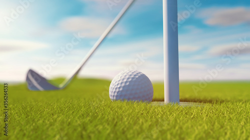 golf club and golf ball on grass. Sunny day. 3d rendering