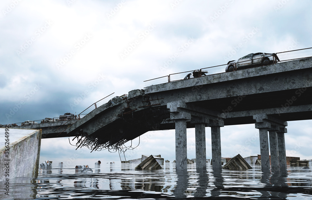 Apocalypse sea view. Destroyed bridge. Armageddon concept. 3d rendering. Apocalypse sea view. Destroyed bridge. Armageddon concept. 3d rendering.