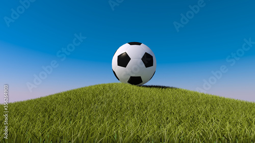 Soccer ball on a grassy hill. 3d render