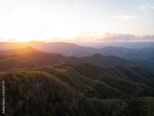 View of Mountain Ridges from Wesser Bald Fire Tower in the Nantahala National Forest in Western North Carolina at Sunset photo