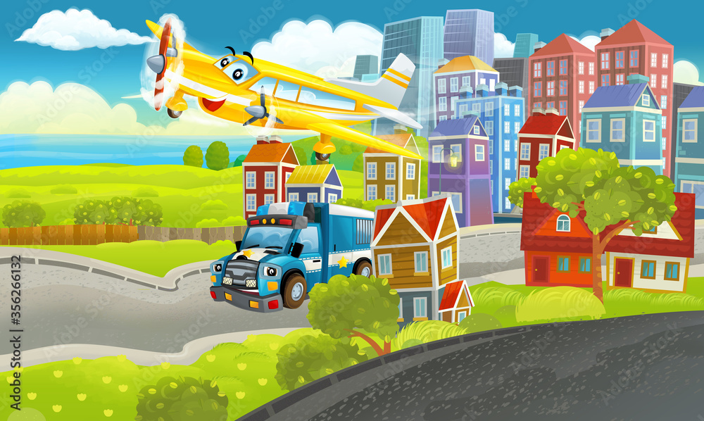 cartoon happy scene with different vehicles cars illustration