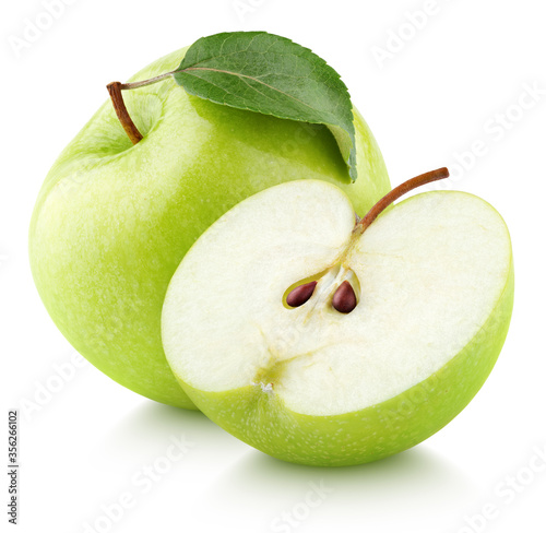 Green apple fruit with apple half and leaf isolated on white background. Green apples with clipping path. Full Depth of Field