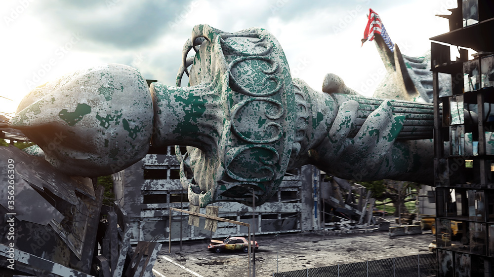 Apocalypse of USA, America. view destroyed New York city, Statue of
