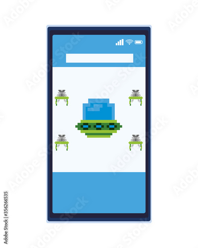space aliens with ufo in smartphone 8 bits pixelated icon