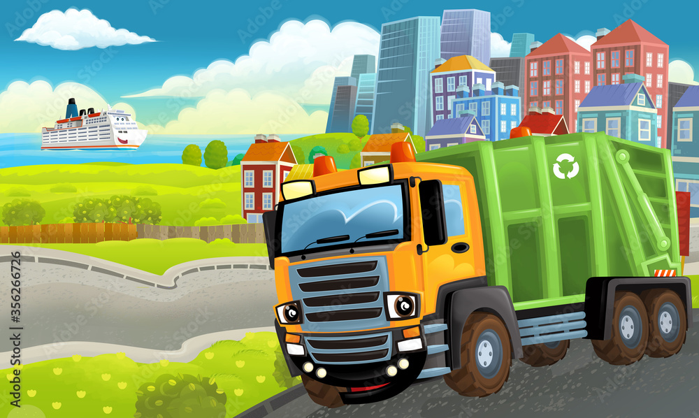Naklejka premium cartoon happy scene with different vehicles and dumper car illustration