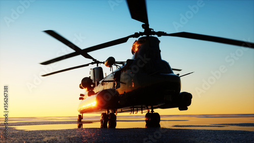 Military helicopter chinook, wonderfull sunset. 3d rendering. photo