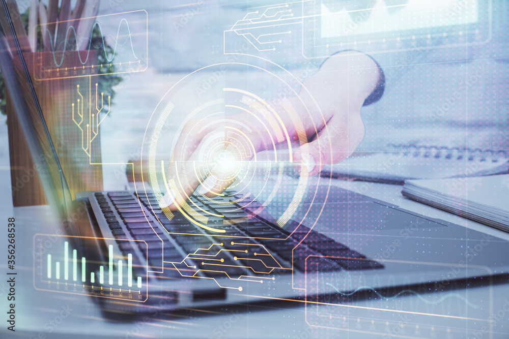 Double exposure of woman hands working on computer and data theme hologram drawing. Tech concept.