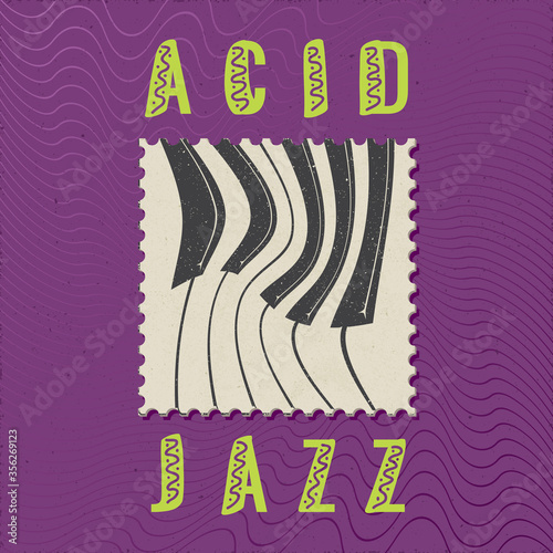 Acid Jazz Calligraphy Illusion Inverted Logo Lettering with Distorted Piano Keys on Realistic Dot or Blotter Stamp - Paper Color and Black on Purple Grunge Background - Mixed Graphic Design