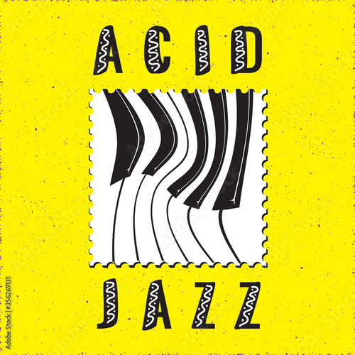 Acid Jazz Calligraphy Illusion Logo Lettering with Distorted Piano Keys Filled in Dot Stamp - Black Elements on White Background - Flat Contrast Graphic Design