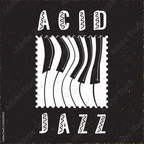 Acid Jazz Calligraphy Illusion Logo Lettering with Distorted Piano Keys Filled in Dot Stamp - White Elements on Black Background - Flat Contrast Graphic Design