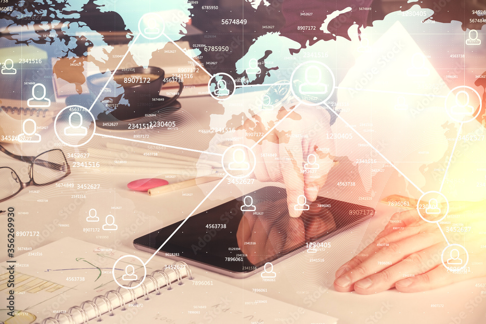 Double exposure of man's hands holding and using a phone and social network theme drawing. Double exposure of man's hands holding and using a phone and social network theme drawing.