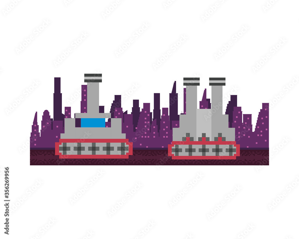 war tanks vehicles on the city 8 bits pixelated icons