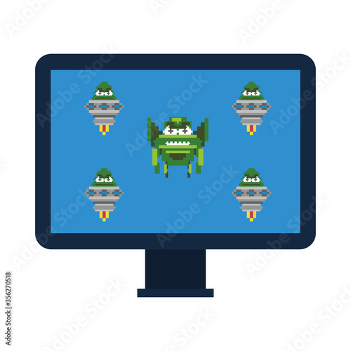 space alien with ufos in desktop 8 bits pixelated icon
