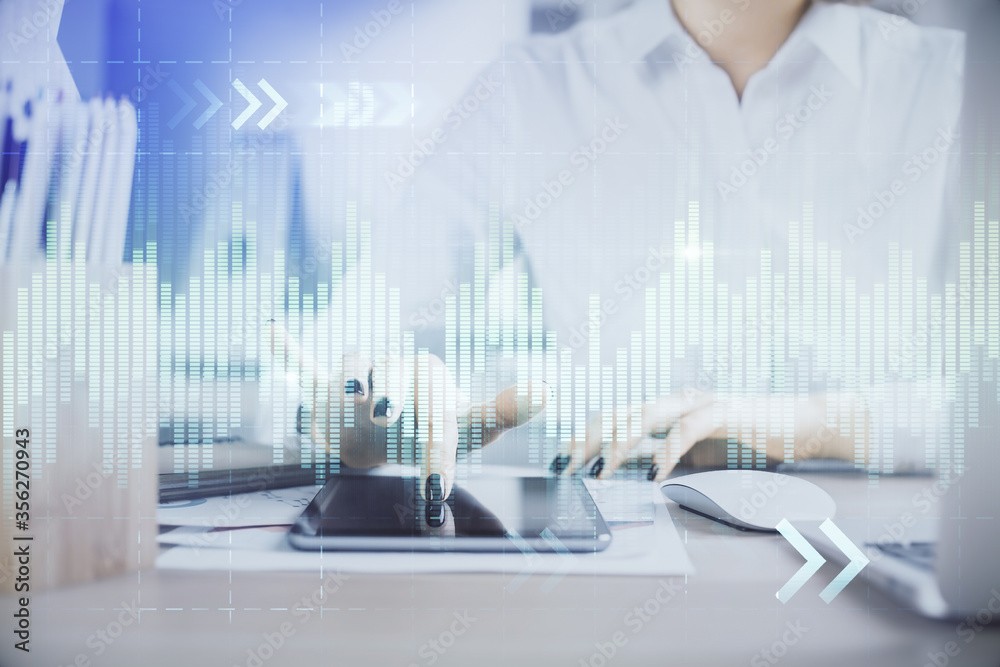 Double exposure of forex chart sketch hologram and woman holding and using a mobile device. Financial market concept. Double exposure of forex chart sketch hologram and woman holding and using a mobile device. Financial market concept.