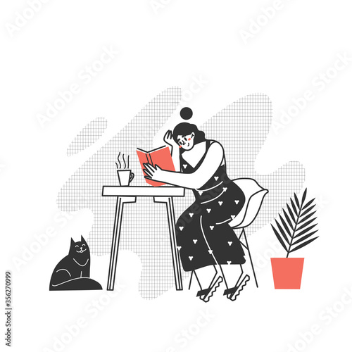 The character is reading a book. The girl is reading a book at the table. Love to read modern writing.