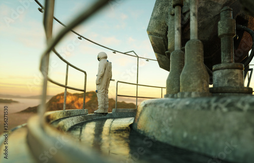 Fototapeta Naklejka Na Ścianę i Meble -  alone astronaut on alien planet. Martian on metal base. Future concept. 3d rendering.